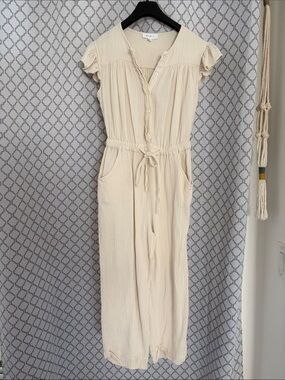 MABLE Cream Gauze Button-Front Maxi Jumpsuit with Drawstring Waist